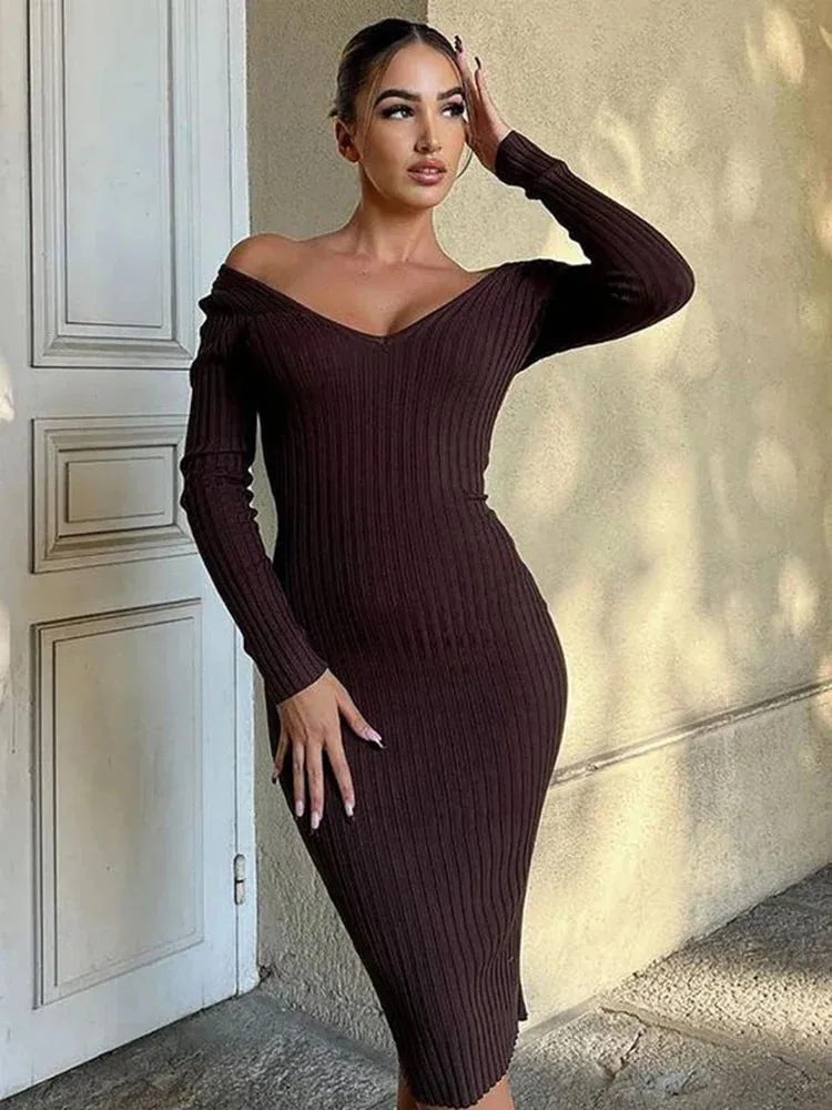 Knitted Sweater Sleeve Bodycon V-Neck Spring Long Maxi Women Dress Dress