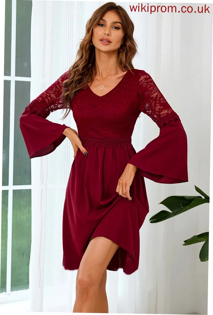 Lace Club Dresses A-line Mini Dresses Sleeves Lace Long V-Neck Elegant Kaiya