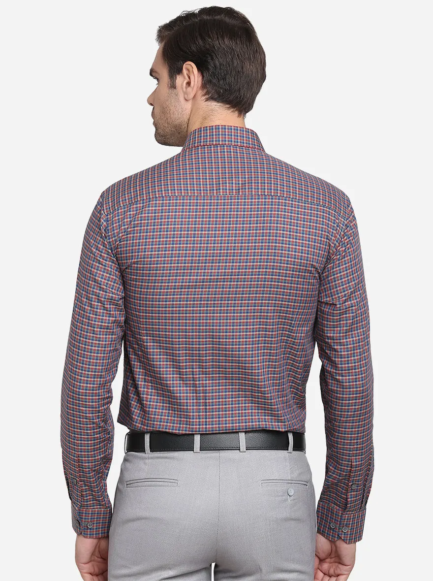 Light Orange & Blue Checked Slim Fit Formal Shirt  | JadeBlue