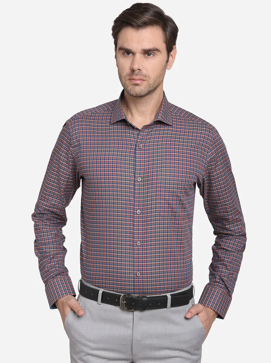 Light Orange & Blue Checked Slim Fit Formal Shirt  | JadeBlue