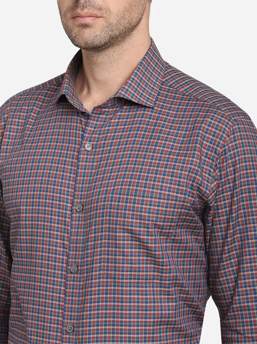 Light Orange & Blue Checked Slim Fit Formal Shirt  | JadeBlue