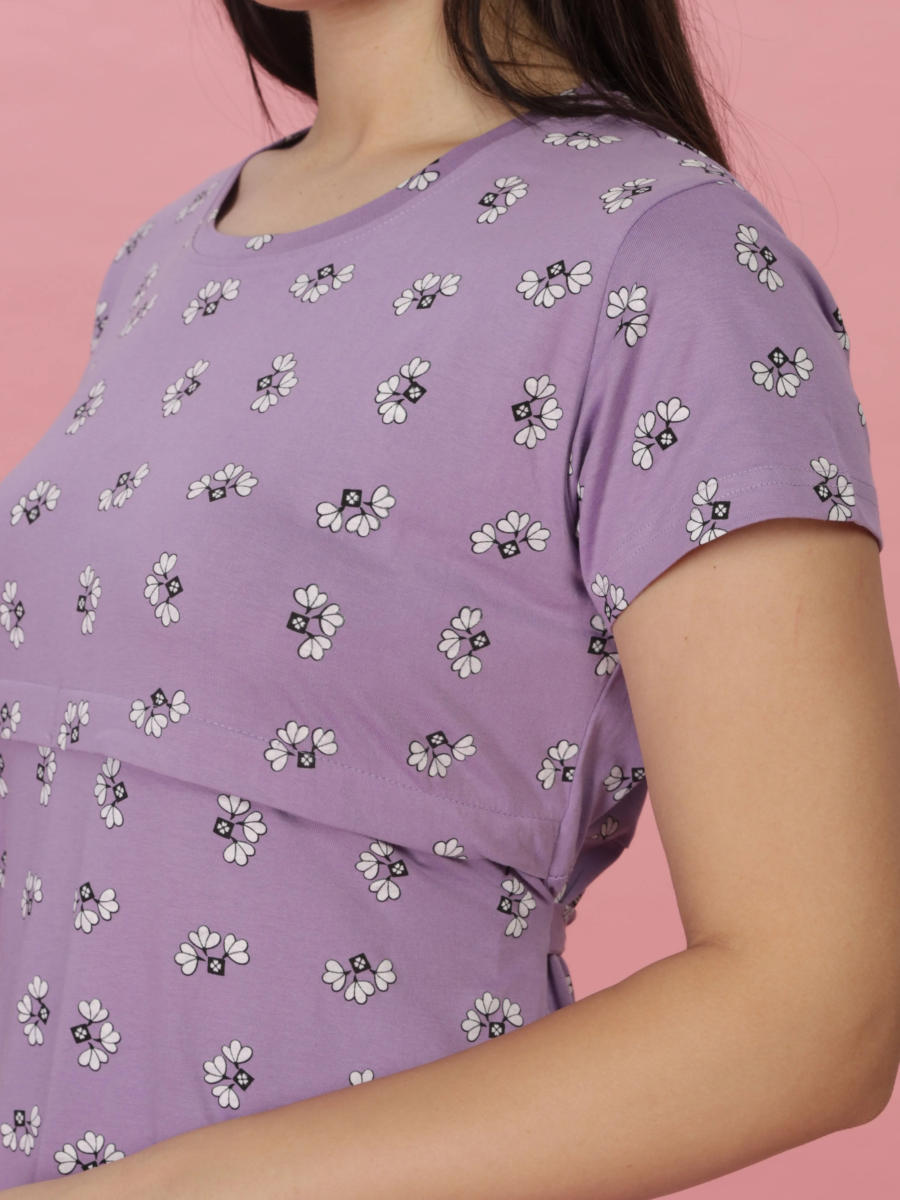 Lilac Maternity Nighty Soft Cotton, Nursing & Pregnancy Nightwear