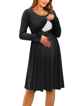 Long Sleeve Casual Maternity Dresses | Nursing Gown Breastfeeding Dress