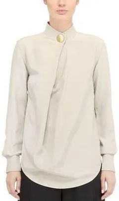 Long Sleeve Pleat Silk Blouse with Top Button Closure