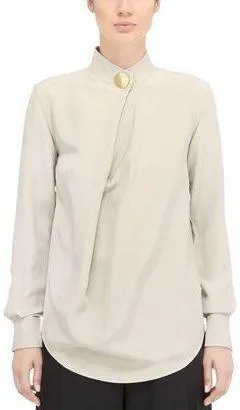 Long Sleeve Pleat Silk Blouse with Top Button Closure