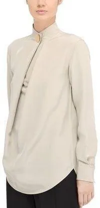 Long Sleeve Pleat Silk Blouse with Top Button Closure