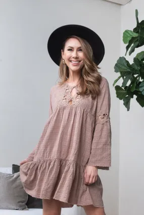 Long Sleeve Tiered Peasant Mini Dress with Embroidered Lace Trim in Mocha (16043)