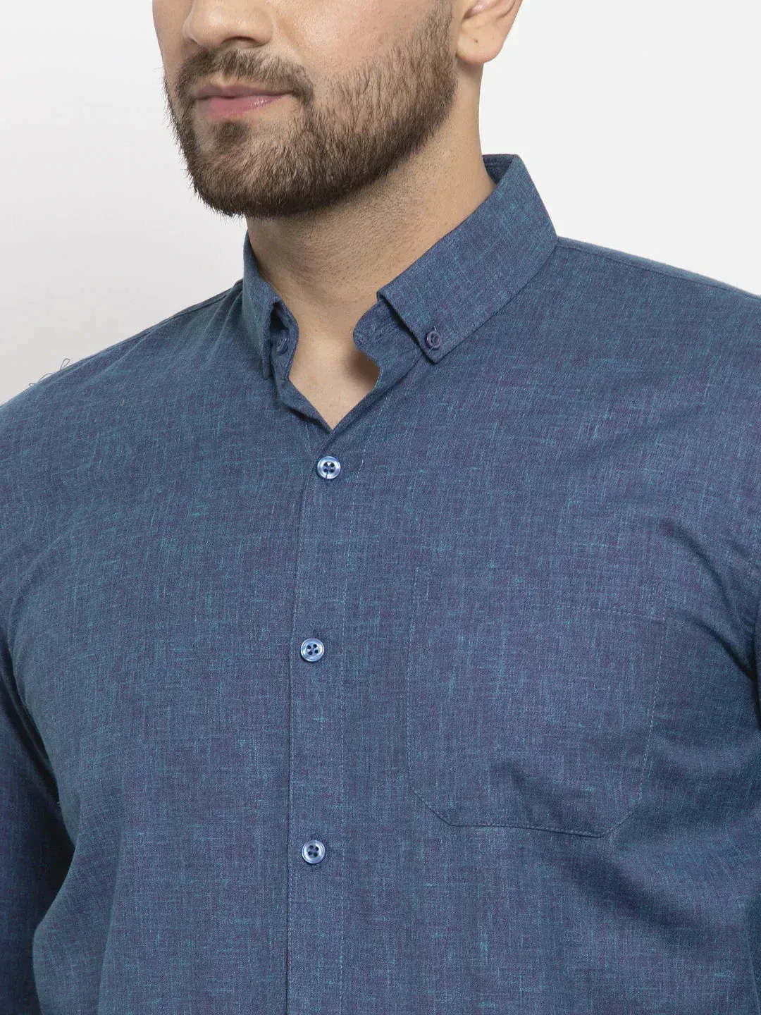 Men's Blue Cotton Solid Button Down Formal Shirts - Taantav