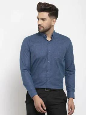 Men's Blue Cotton Solid Button Down Formal Shirts - Taantav