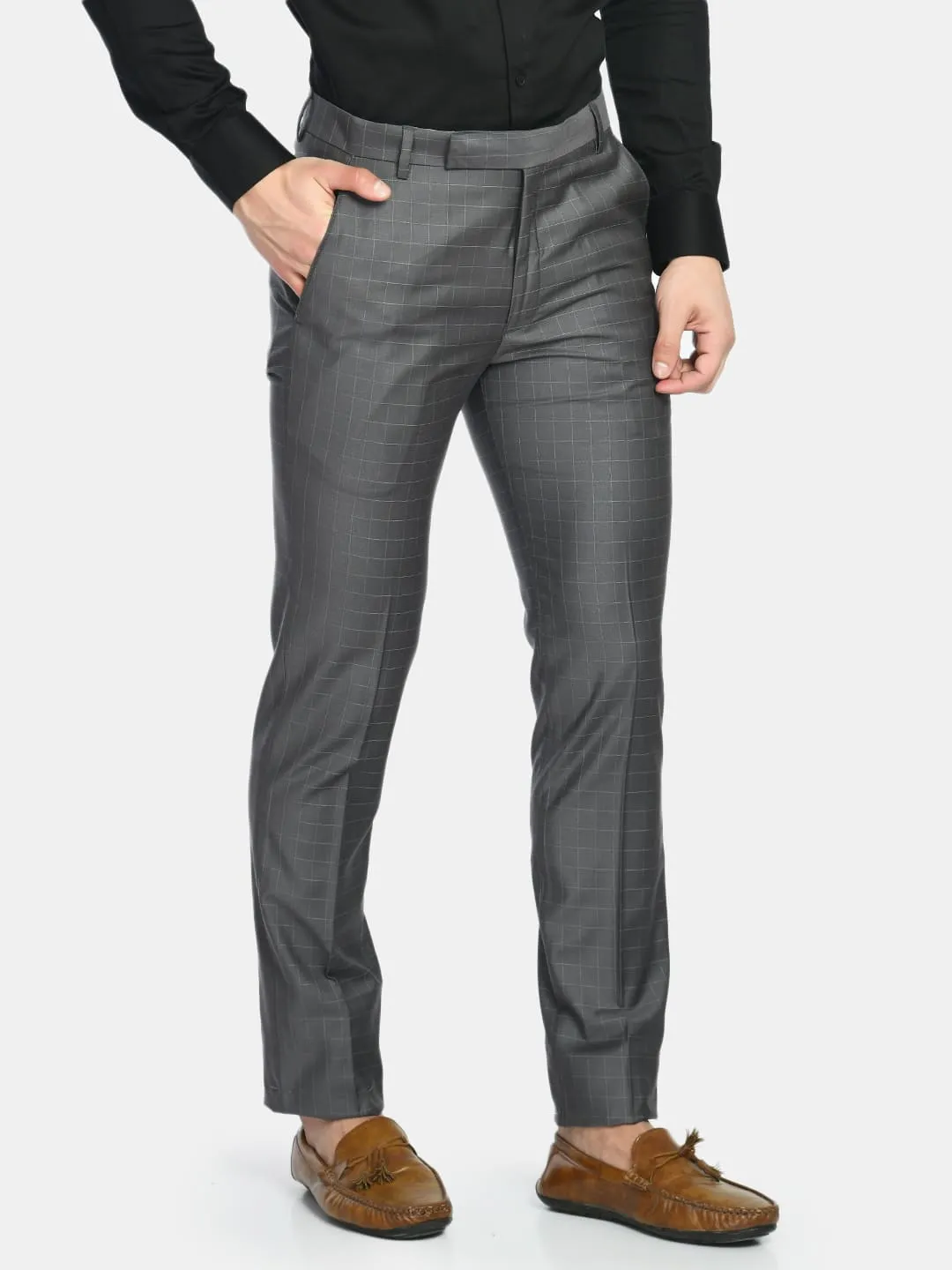 Men's Grey Checked Slim Fit Formal Trouser