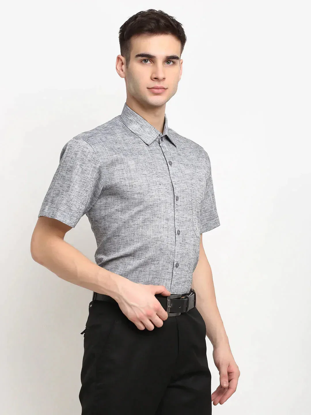 Men's Grey Solid Cotton Half Sleeves Formal Shirt - Taantav