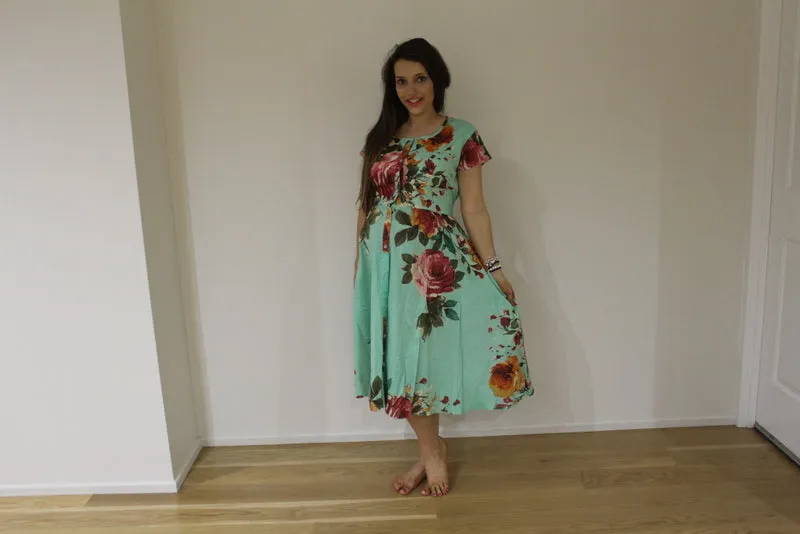 Mint Big Floral Knee length Maternity Dress