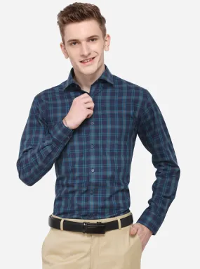 Navy Blue & Green Checked Slim Fit Formal Shirt | JadeBlue