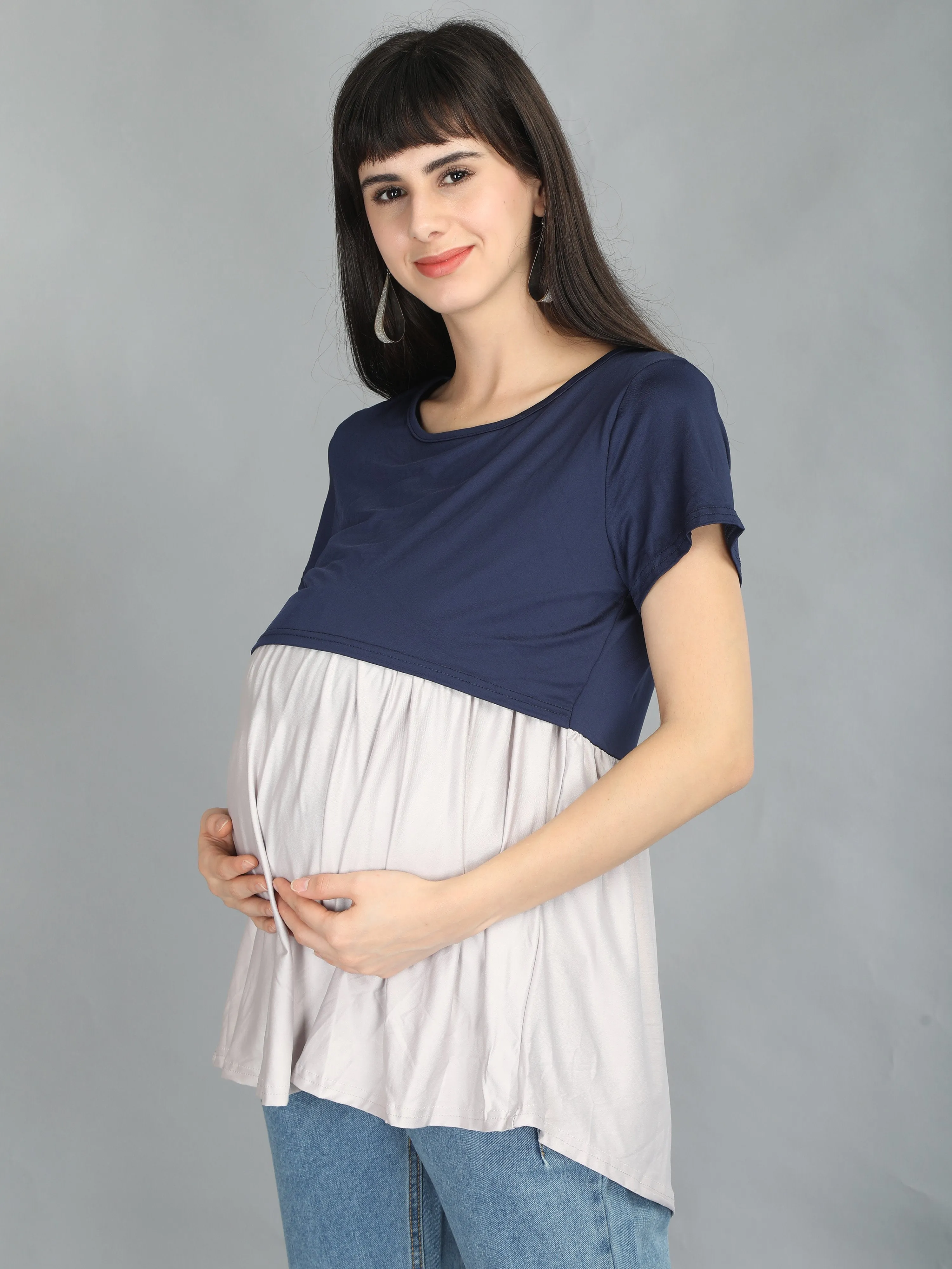 Navy Blue Empire Casual Maternity and Nursing Wear Top