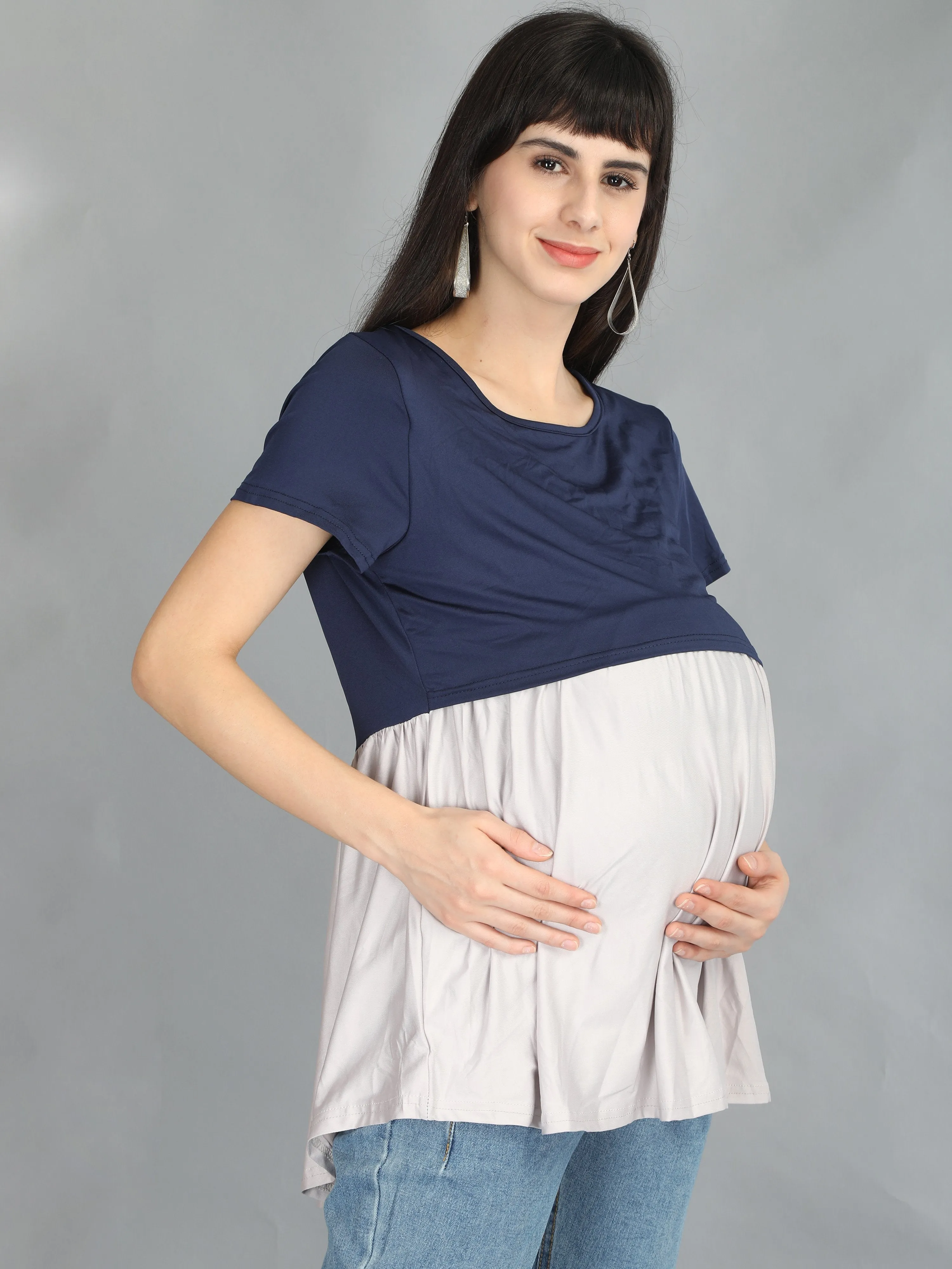 Navy Blue Empire Casual Maternity and Nursing Wear Top