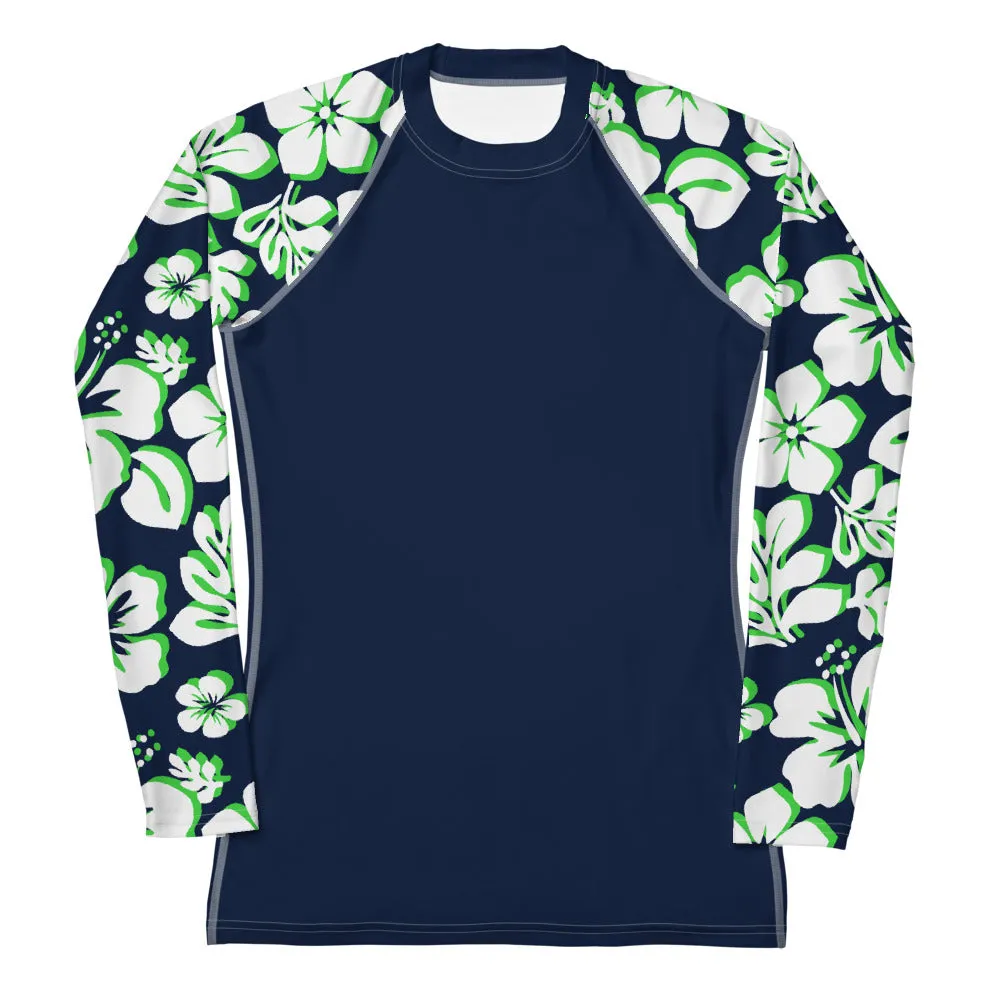 Navy Blue Women's Rash Guard Navy Blue, Lime Green and White Hawaiian Print Sleeves