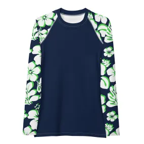 Navy Blue Women's Rash Guard Navy Blue, Lime Green and White Hawaiian Print Sleeves