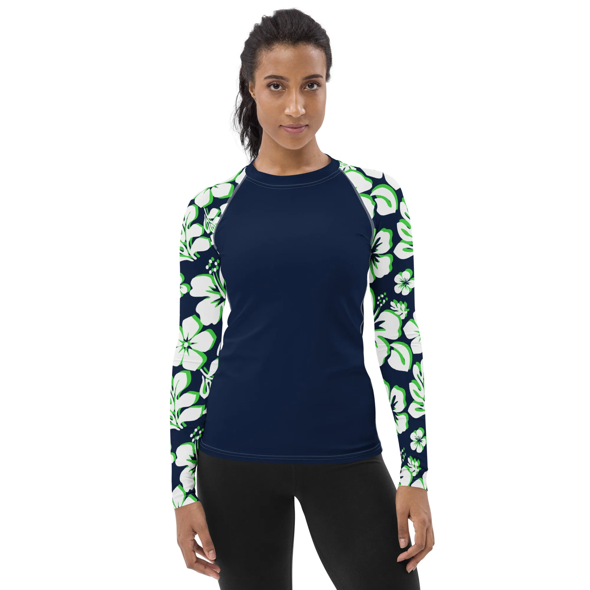 Navy Blue Women's Rash Guard Navy Blue, Lime Green and White Hawaiian Print Sleeves