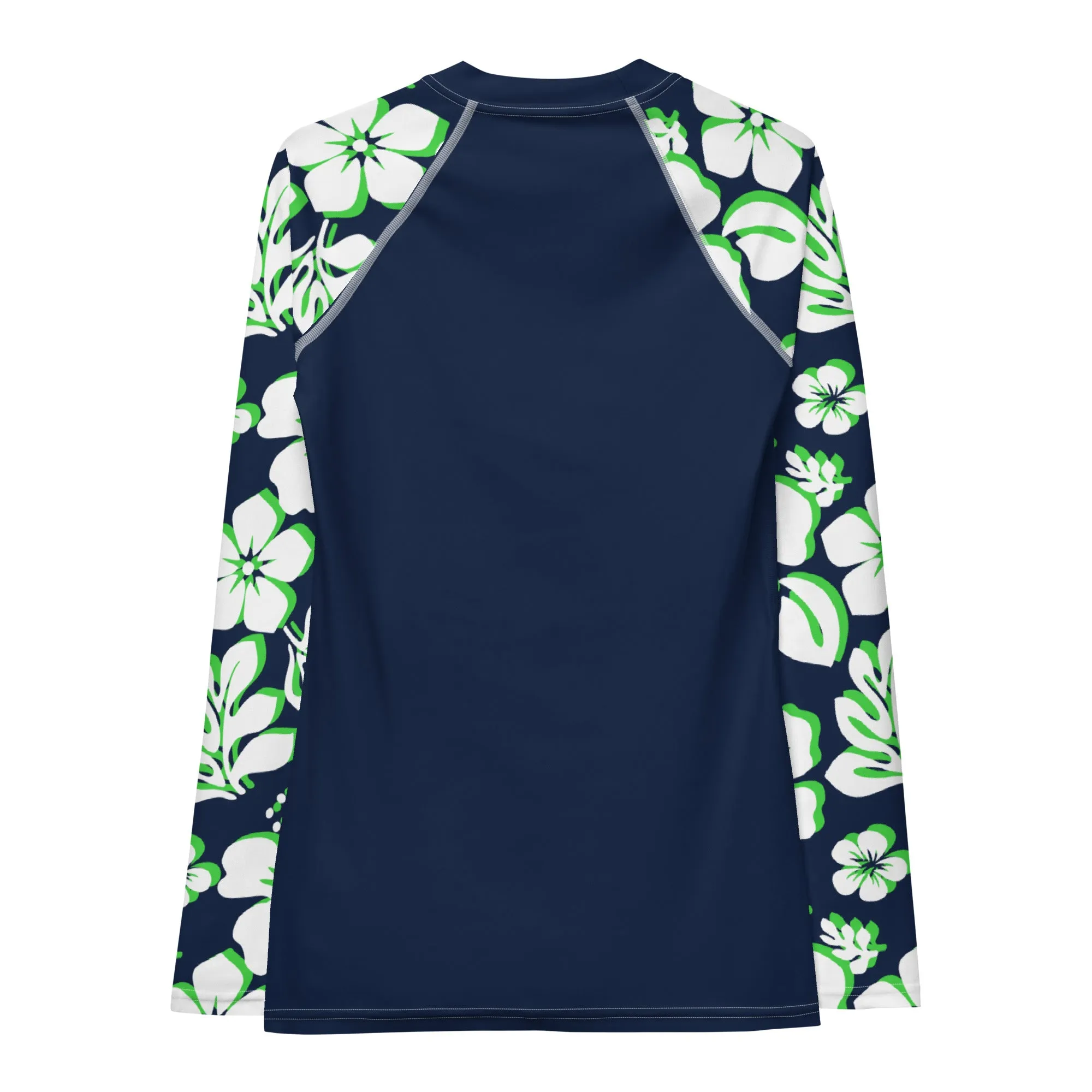 Navy Blue Women's Rash Guard Navy Blue, Lime Green and White Hawaiian Print Sleeves