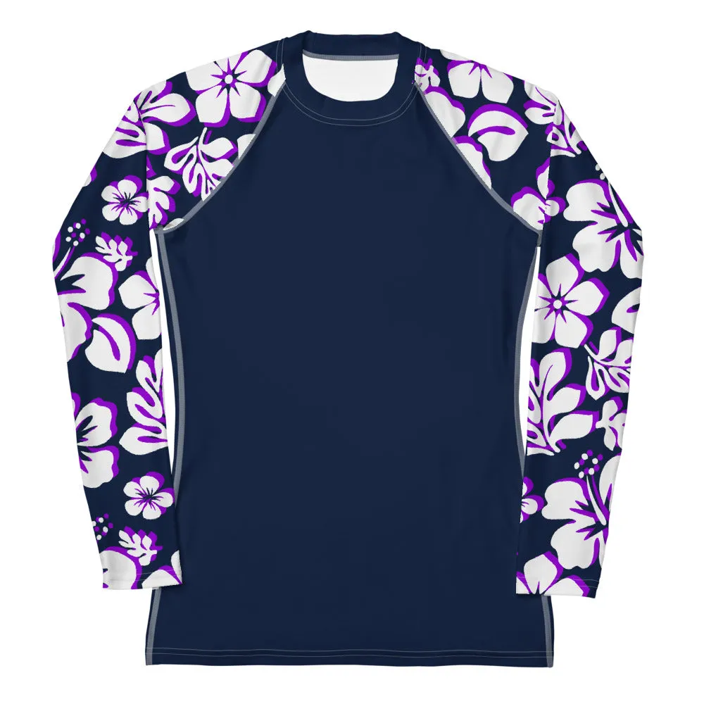 Navy Blue Women's Rash Guard Navy Blue, Purple and White Hawaiian Print Sleeves