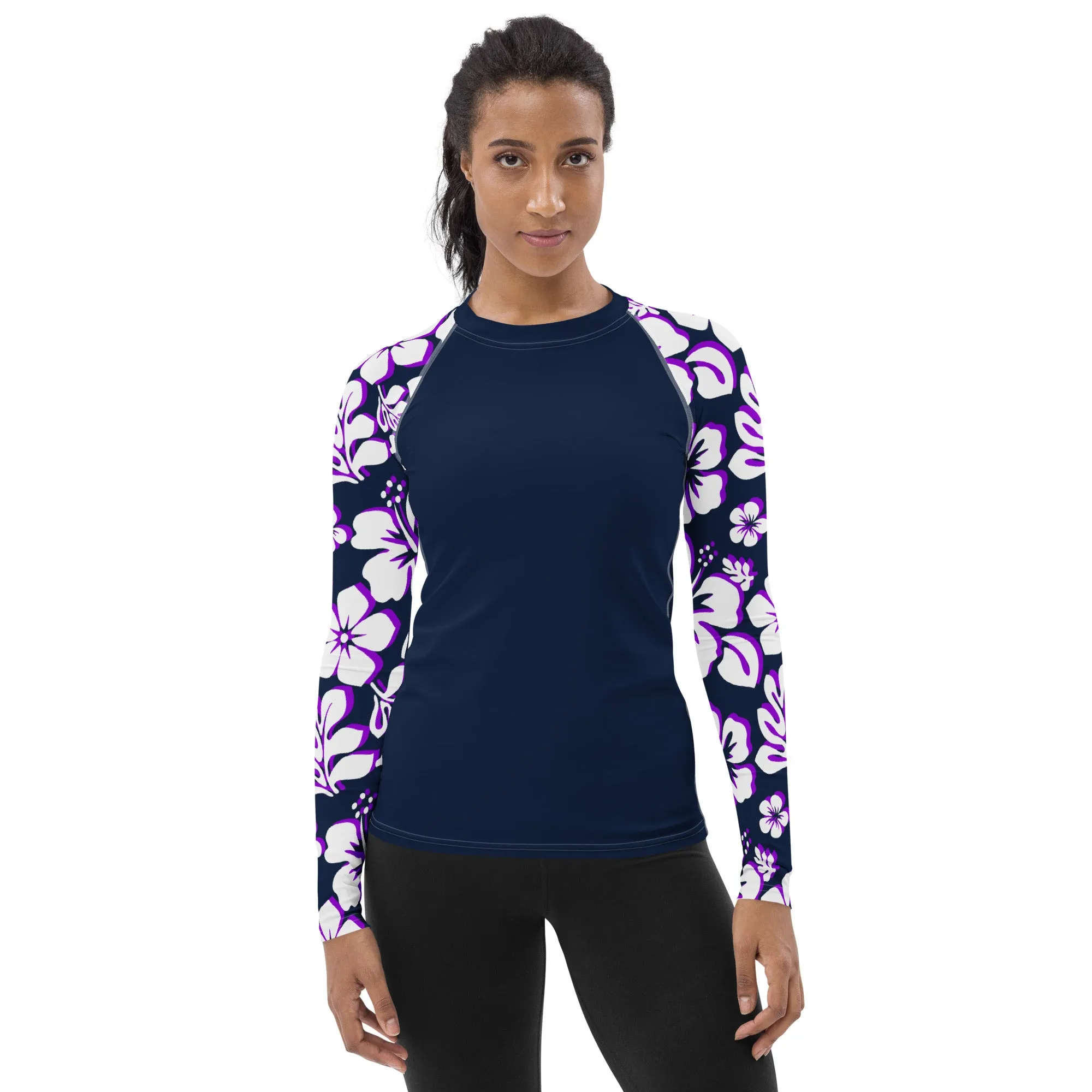 Navy Blue Women's Rash Guard Navy Blue, Purple and White Hawaiian Print Sleeves