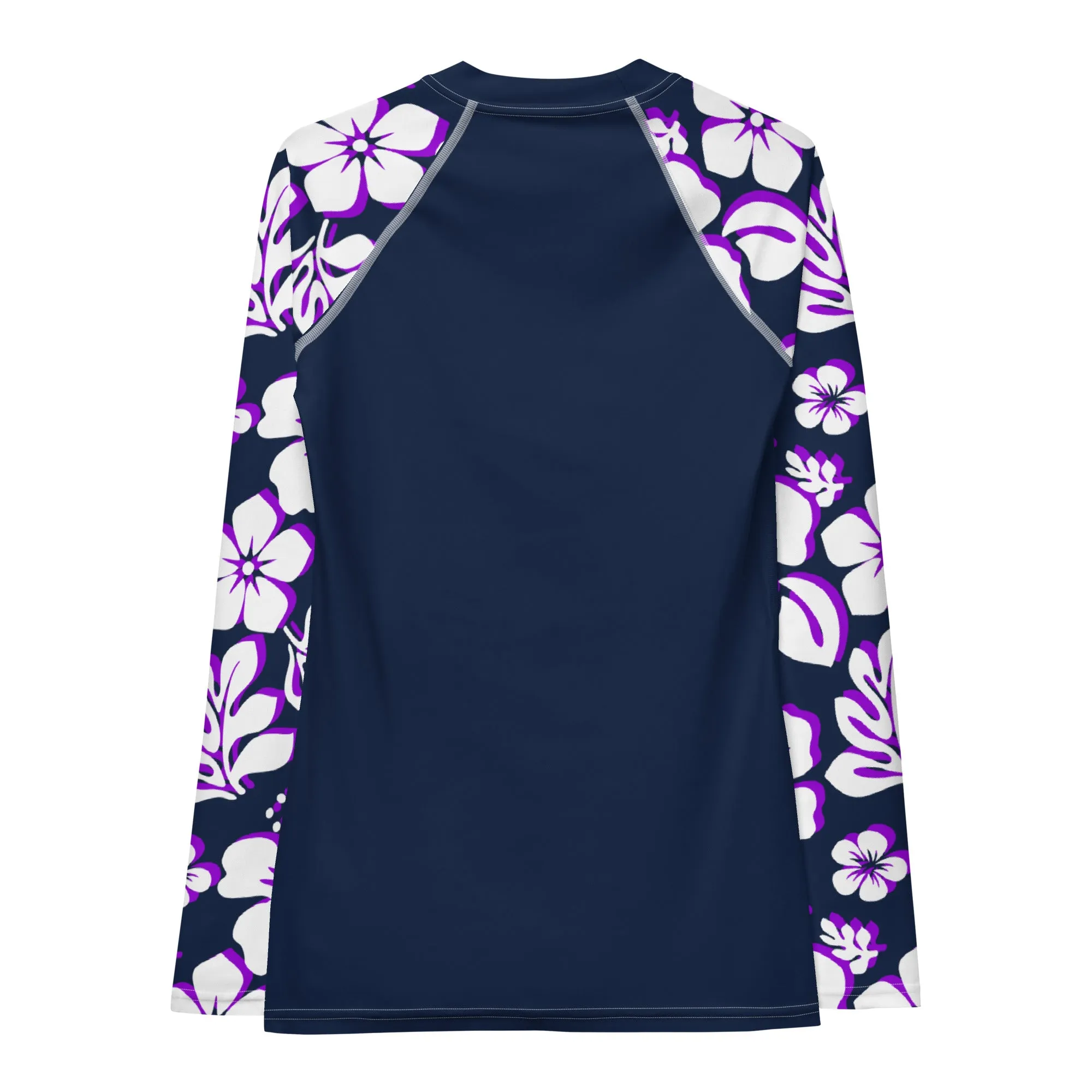 Navy Blue Women's Rash Guard Navy Blue, Purple and White Hawaiian Print Sleeves