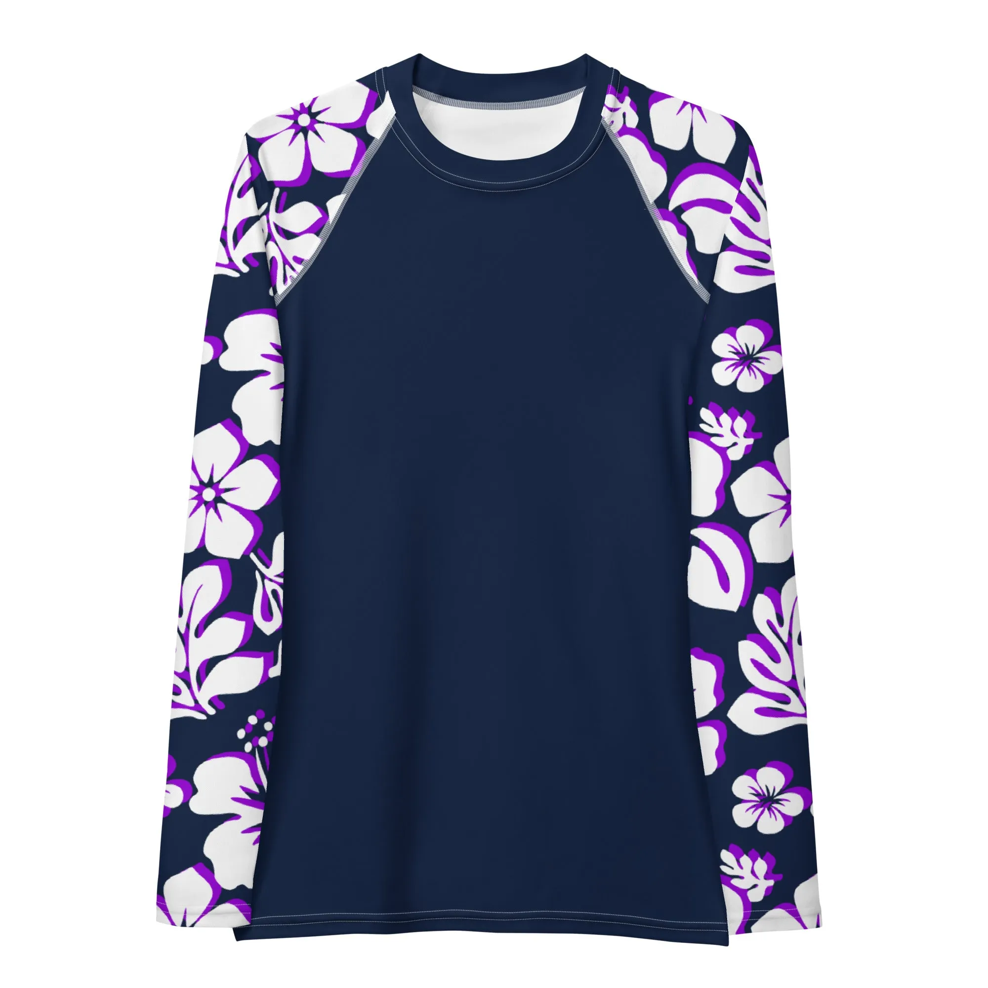 Navy Blue Women's Rash Guard Navy Blue, Purple and White Hawaiian Print Sleeves