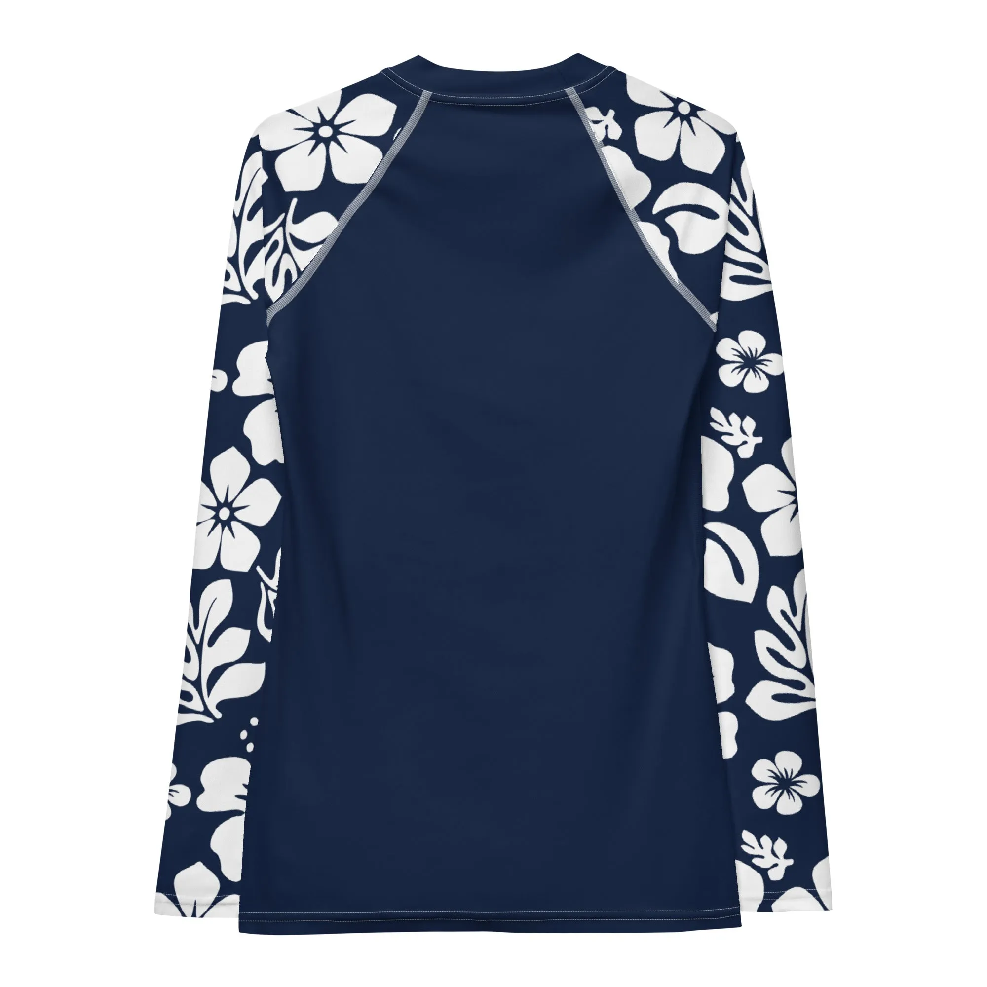 Navy Blue Women's Rash Guard with White and Navy Blue Hawaiian Print Sleeves