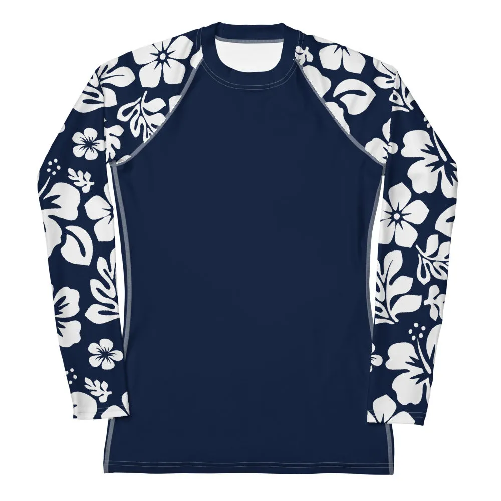 Navy Blue Women's Rash Guard with White and Navy Blue Hawaiian Print Sleeves