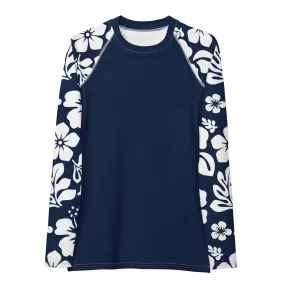 Navy Blue Women's Rash Guard with White and Navy Blue Hawaiian Print Sleeves