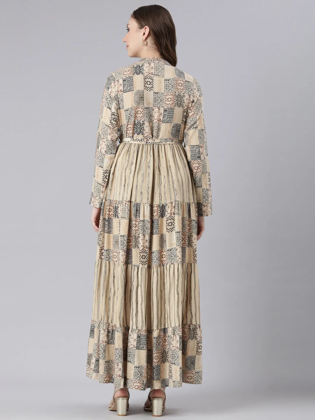 Neerus Beige Viscose Rayon Curved Casual Geometric Maxi Dresses