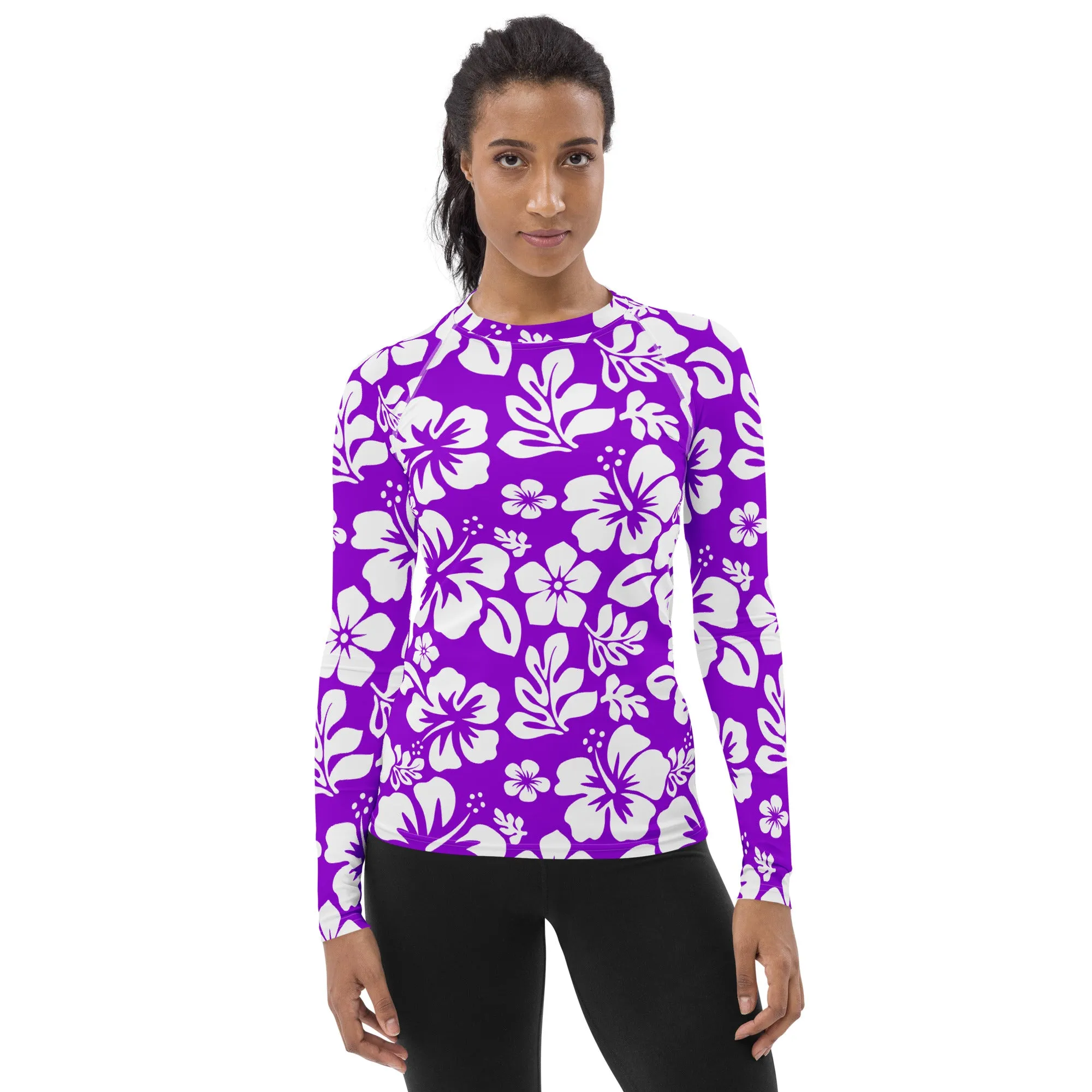 Purple and White Hawaiian Flowers Women's Rash Guard