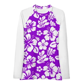 Purple and White Hawaiian Print Women's Rash Guard with White Sleeves