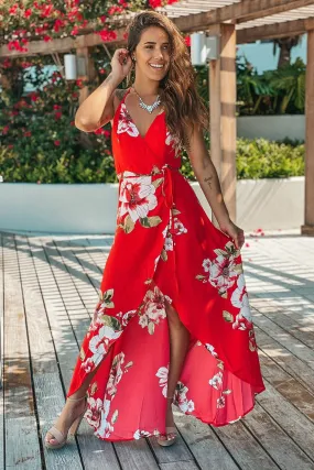 Red Floral High Low Wrap Dress