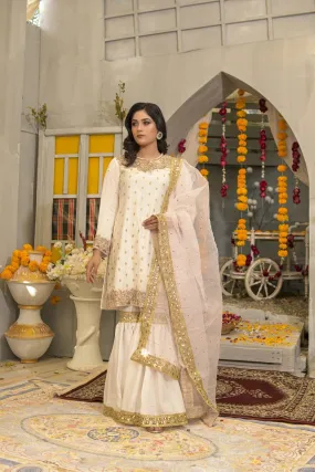 Rubys Couture - White Cotton Net Handwork Shirt with Raw Silk Gharara Pants - Jugni