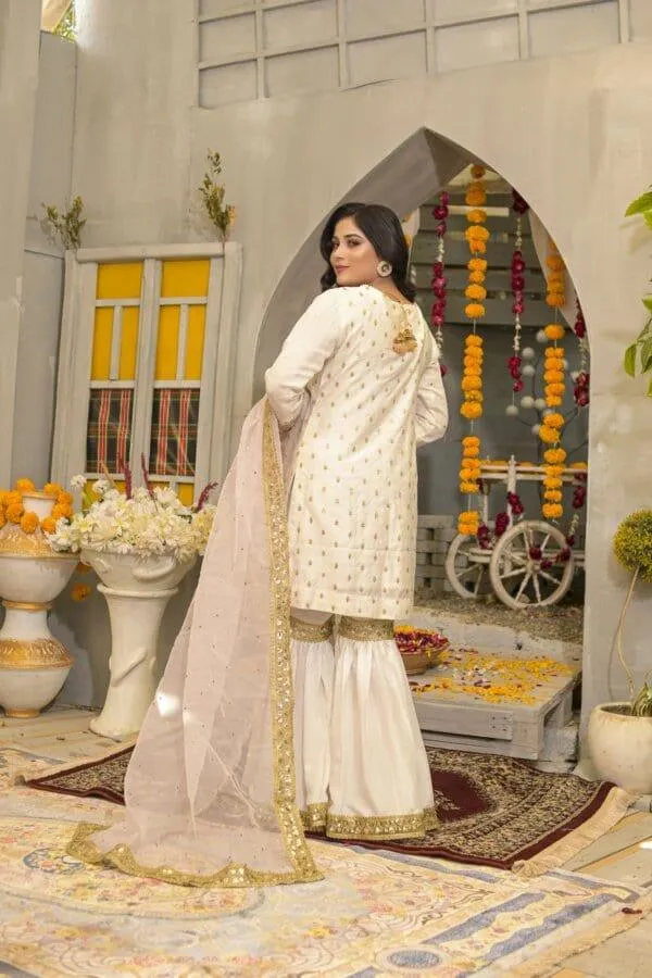 Rubys Couture - White Cotton Net Handwork Shirt with Raw Silk Gharara Pants - Jugni