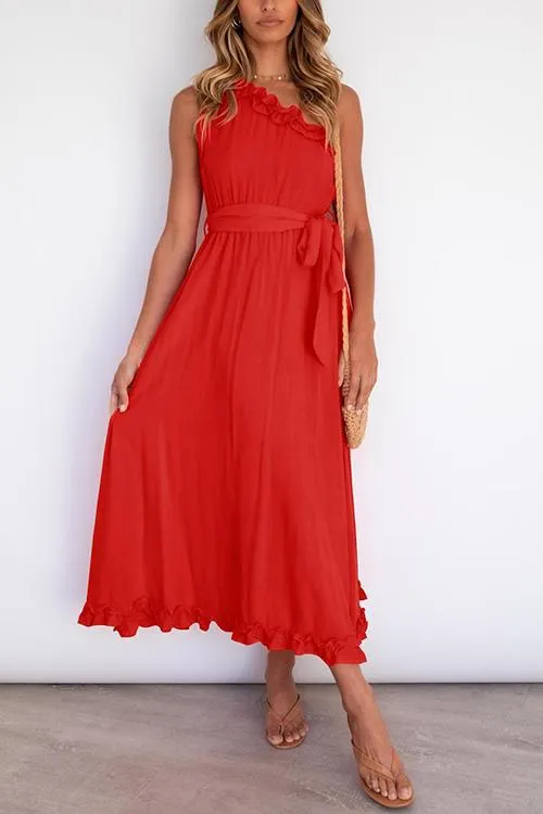 Ruffles One Shoulder Belted Maxi Dress