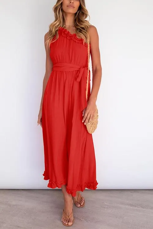 Ruffles One Shoulder Belted Maxi Dress