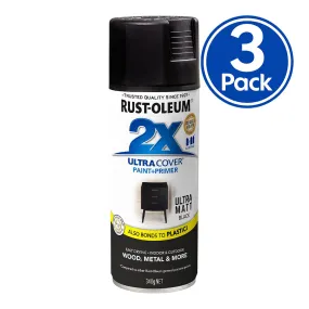 RUST-OLEUM 2X Ultra Cover Matt Paint & Primer Spray Paint 340g Black x 3 Pack