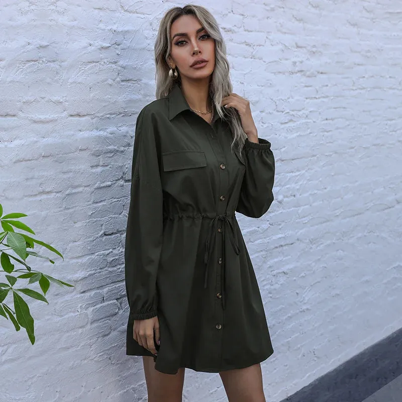 Satin A-line Army Green/Khaki Quinceanera Mini Shirt Dress with Empire Waist