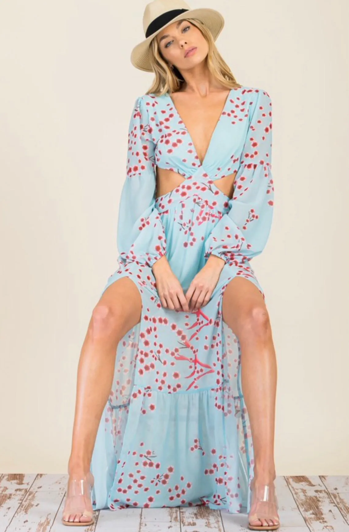 Swept Away Bodysuit Maxi Dress: Sky Blue