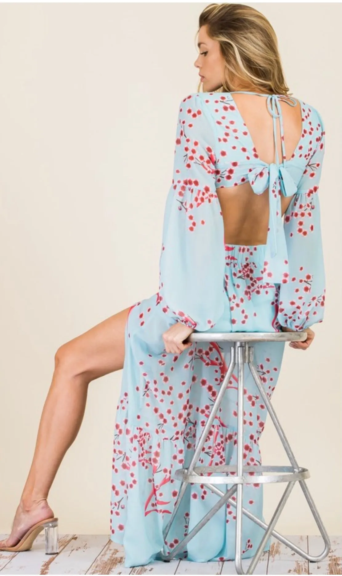 Swept Away Bodysuit Maxi Dress: Sky Blue