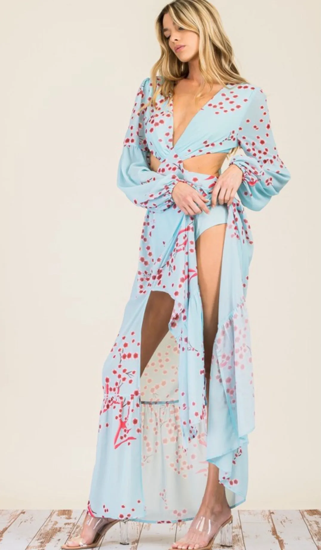 Swept Away Bodysuit Maxi Dress: Sky Blue