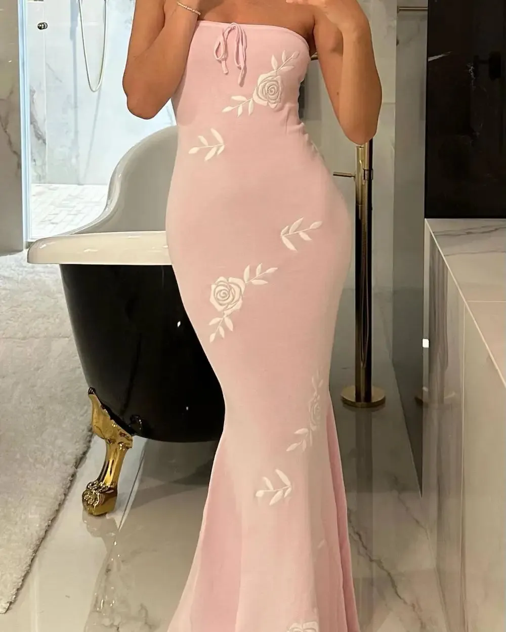 TAVIMART  -   Floral Strapless Dress Chest Wrap Long Dresses Pink Lace-up Vestidos Backless Ankle Length Skirt Evening Dress for Party Banquet