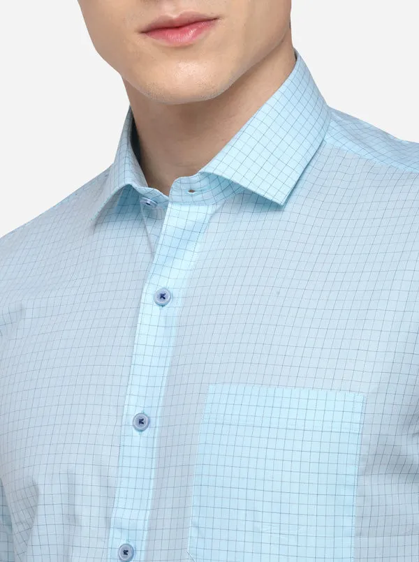 Turquoise Blue Checked Regular Fit Formal Shirt | JadeBlue