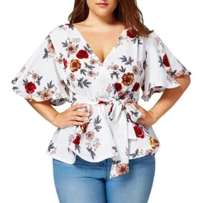 V Neck Floral Print Flare Blouse Large