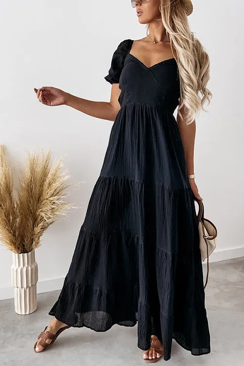 V Neck Puff Sleeve Backless Maxi Dress