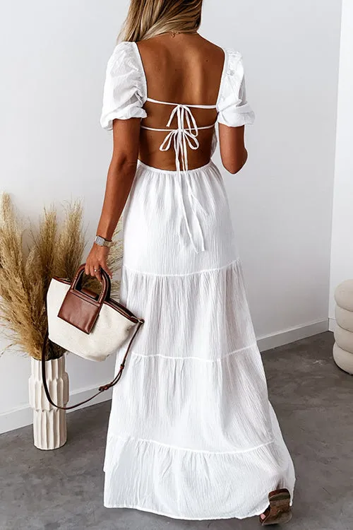 V Neck Puff Sleeve Backless Maxi Dress