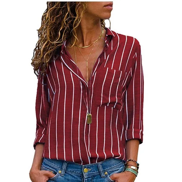 VenusFox Striped Long Sleeves V Neck Blouse Womens Tops And Blouses