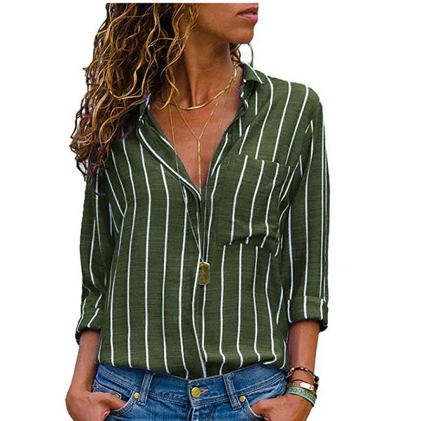 VenusFox Striped Long Sleeves V Neck Blouse Womens Tops And Blouses